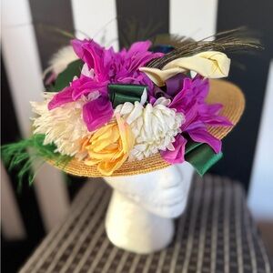 Straw Floral Derby Hat with Pink, Yellow & White Blooms